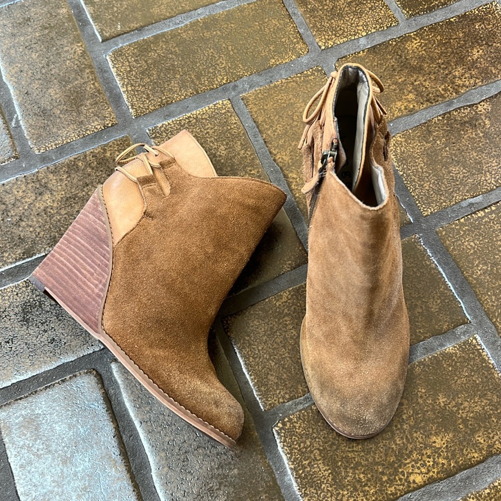 Hinge Camel Tan Suede Lace Up Wedge Ankle Bootie